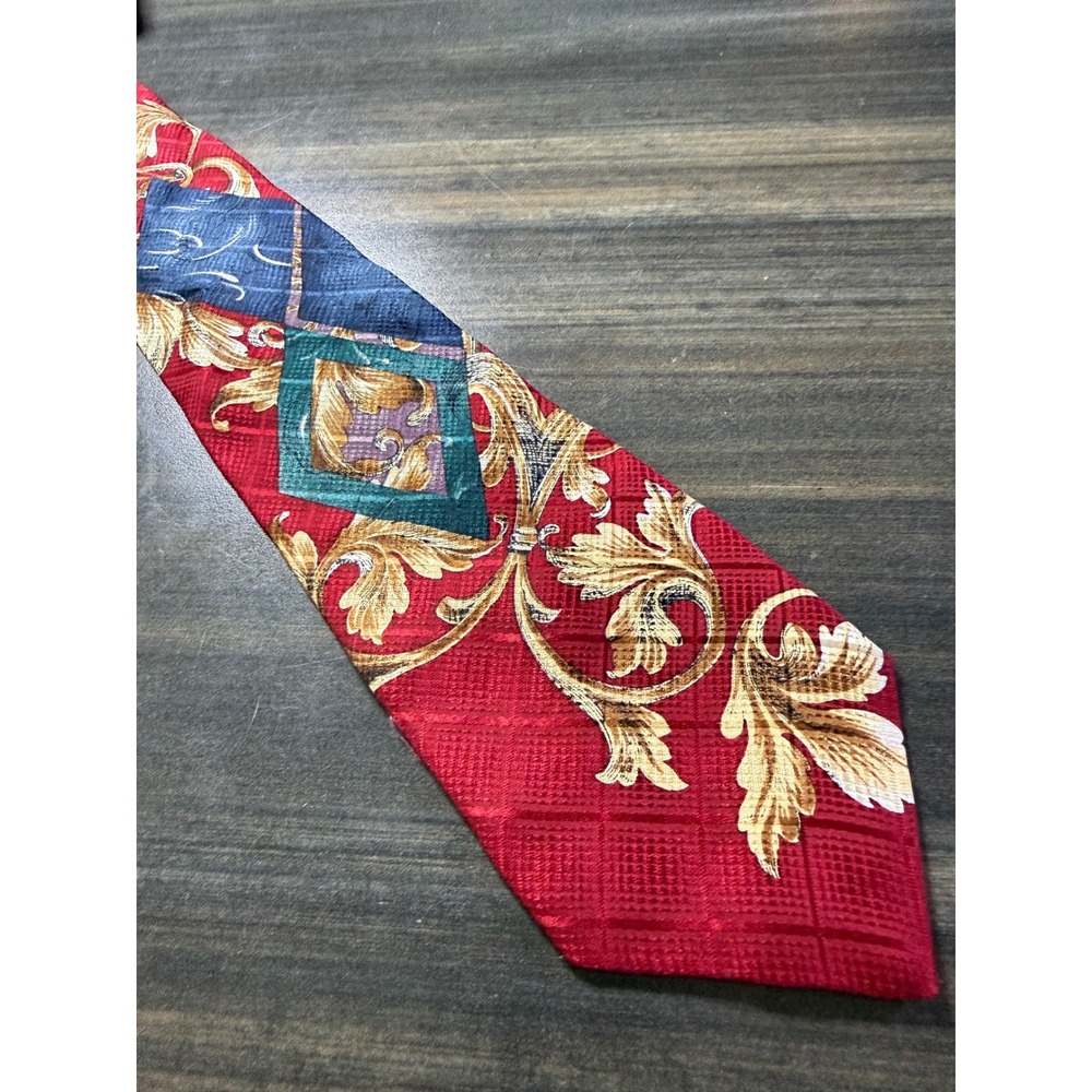 Tom James Silk Tie Red Gold Baroque Acanthus Leaf Geometric Teal Navy Hand Made